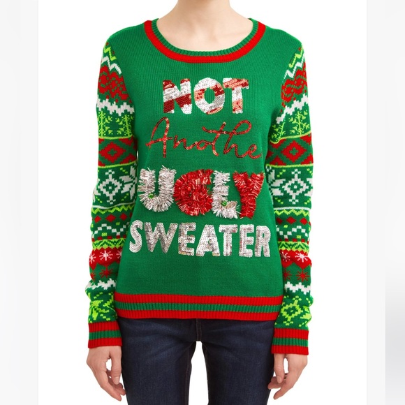 Not Another Ugly Sweater, Green Christmas Pullover with Bells, Tinsel & Sequins - Picture 1 of 9
